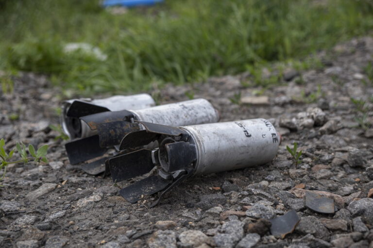 epa09940625 Cluster bomb submunition in Slatino village in Kharkiv region, Ukraine, 11 May 2022. The Ministry of Defence of Ukraine announced on 10 May that Ukrainian troops had recaptured villages north and northeast of Kharkiv from Russian forces and pushed them back to the border. On 24 February, Russian troops had entered Ukrainian territory in what the Russian president declared a 'special military operation.' EPA/MARIA SENOVILLA