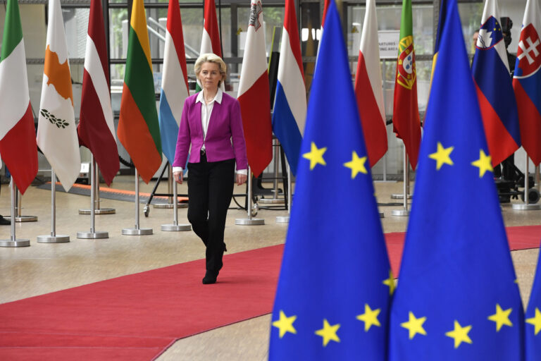 Ursula von der Leyen, President of the European Commission, arrives for the extraordinary meeting of EU leaders to discuss Ukraine, energy and food security at the Europa building in Brussels, Monday, May 30, 2022. European Union leaders will gather Monday in a fresh show of solidarity with Ukraine but divisions over whether to target Russian oil in a new series of sanctions are exposing the limits of how far the bloc can go to help the war-torn country. (AP Photo/Geert Vanden Wijngaert)