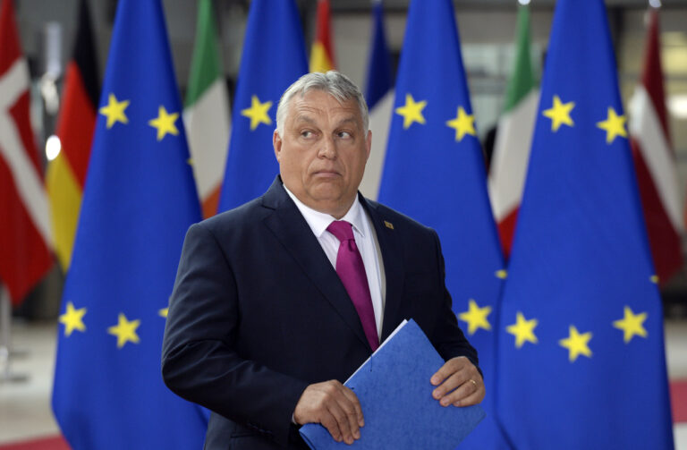 The Prime Minister of Hungary Viktor Orban talks to the media prior to a special meeting of the European Council related to the war in Ukraine held at the European Union Council building in Brussels, 30/05/2022. Author: Thierry Charlier. (KEYSTONE/CAMERA PRESS/Thierry Charlier)