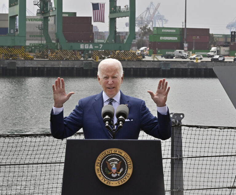 President Joe Biden discusses efforts to streamline global supply chains and counter rising prices, painting the issue as a worldwide problem fueled by Russian aggression in Ukraine aboard the Battleship Iowa museum in San Pedro, California on Friday, June 10, 2022. Biden referred to 
