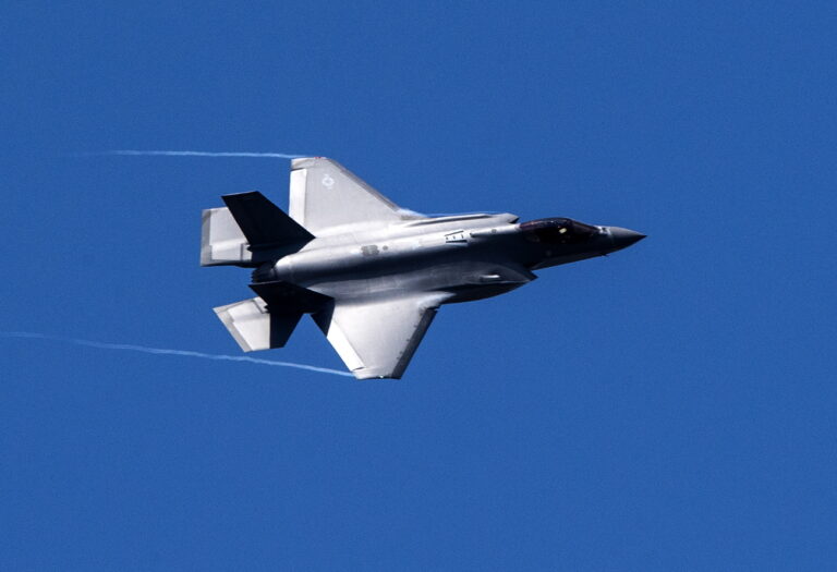 epa10018525 A US F-35 fighter jet flies over international airport near Skopje, Republic of North Macedonia, 17 June 2022.Two F-35 fighter jets of the Vermont National Guard flew over and landed at Petrovec Airport today, demonstrating the strong alliance and unity in the Alliance, as well as the nearly three-decade partnership between the Army of Northern Macedonia and the Vermont National Guard and the NATO Alliance's readiness to protect the security of its member states. EPA/GEORGI LICOVSKI