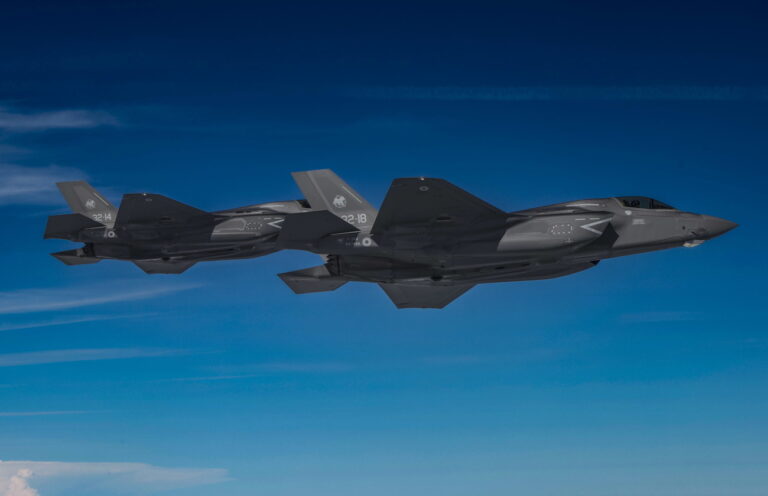 epa10037124 Two Italian Air Force F-35A multirole combat aircraft fly at an undisclosed location during the NATO-led defense operation 'Air Policing Northern Lightning III' from the Keflavik Air Base in Iceland, 27 June 2022. A squad of four F-35A aircraft of the 32nd Wing of the Italian Air Force joined the operation which aims at preserving 'the integrity of NATO's airspace in peacetime by strengthening the surveillance of the skies of Iceland'. Italy's Minister of Defense Lorenzo Guerini in a press release by his Ministry on 14 June was cited as saying that 'Air Policing in Iceland testifies to the crucial Italian contribution to the security of all NATO's European chessboards'. EPA/GIUSEPPE LAMI