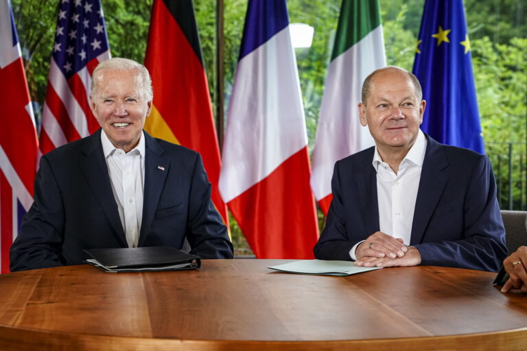 epa10037843 US President Joe Biden (L) and German Chancellor Olaf Scholz (R) chat before meeting with other G7 leaders at Elmau Castle in Kruen, Germany, 28 June 2022. Germany is hosting the G7 summit at Elmau Castle near Garmisch-Partenkirchen from 26 to 28 June 2022. EPA/CLEMENS BILAN / POOL