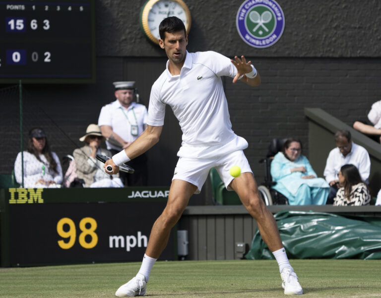 Novak Djokovic plays Miomir Kecmanovic in the third round on Centre Court on Day 5 of Wimbledon, London, 01 July, 2022.... .. .. .. .. .. .. .. .. .. .. .. .. .. .. .. .. .. .. .. .. . (KEYSTONE/CAMERA PRESS/Giles Anderson)