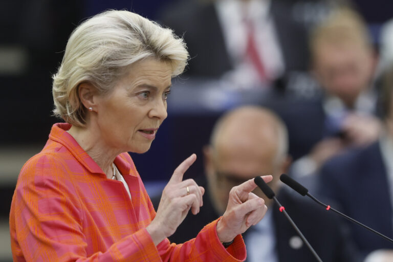 European Commission President Ursula von der Leyen delivers her speech at the European Parliament during the presentation of the program of activities of the Czech Republic's EU presidency, Wednesday, July 6, 2022 in Strasbourg, eastern France. The European Union's Commission chief Ursula von der Leyen said that the 27-nation bloc needs to emergency plans to prepare for a complete cut-off Russia gas in the wake of the Kremlin's war in Ukraine. (AP Photo/Jean-Francois Badias)