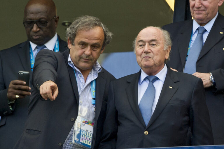 ARCHIVE PHOTO; Acquittal for Sepp Blatter and Michael Platini in the trial for dubious payment of millions. UEFA President Michel PLATINI, left, and FIFA President Joseph Sepp BLATTER in the stands, Germany (GER) - Portugal (POR) 4:0, preliminary round group G, on 06/16/2014 in Salvador Soccer World Cup 2014 in Brazil from 06/12 - 07/13/2014. (KEYSTONE/DPA/Franz Waelischmiller/SVEN SIMON)