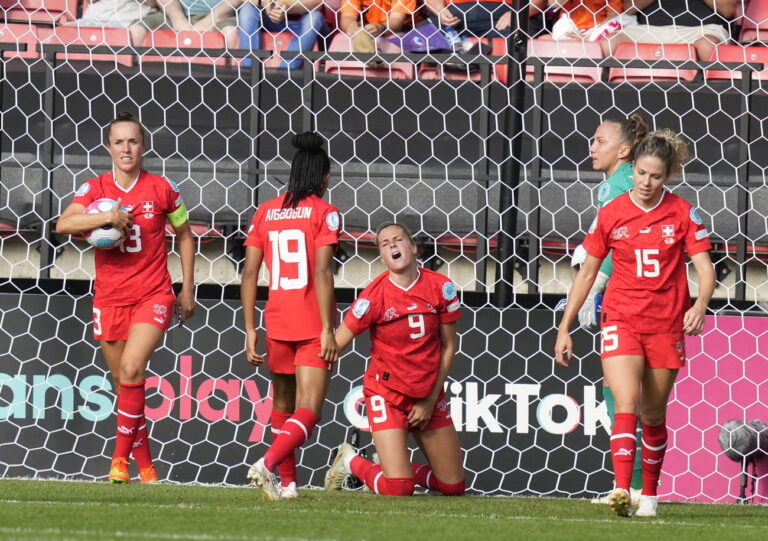 epa10076294 Players of Switzerland react after scoring an own goal during the UEFA Women's EURO 2022 group C soccer match between Switzerland and the Netherlands in Sheffield, Britain, 17 July 2022. EPA/Andrew Yates