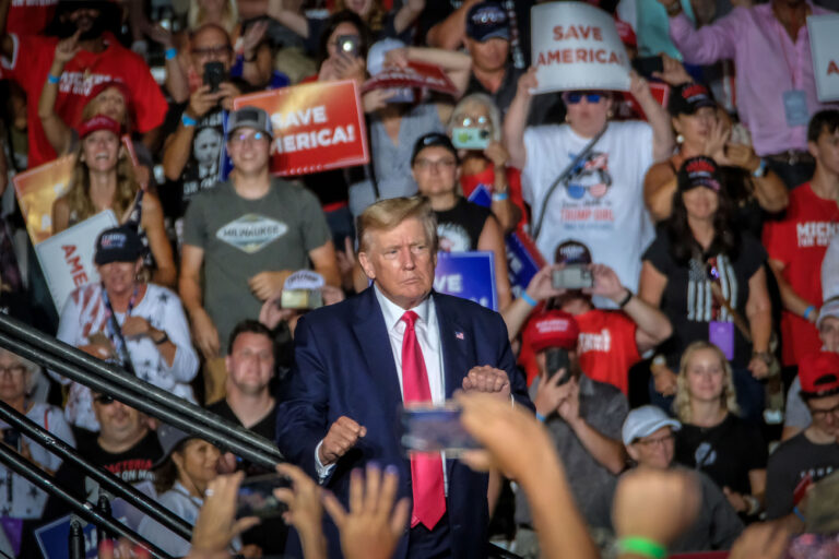 Former President Donald Trump speaks to supporters during a rally where he endorsed Republican candidate Tim Michels in the governor's race against candidate Rebecca Kleefisch, who is supported by former Vice President Mike Pence in Waukesha, Wisconsin on August 05, 2022. Photo by Alex Wroblewski/UPI Photo via Newscom (KEYSTONE/NEWSCOM/ALEX WROBLEWSKI)