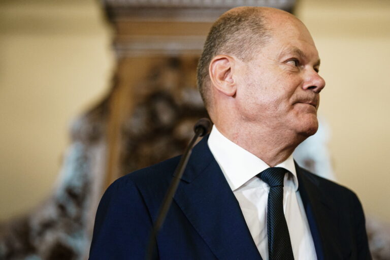 epa10129306 German Chancellor Olaf Scholz leaves after delivering a statement on the occasion of the Hamburg CumEx inquiry committee at the Hamburg town hall in Hamburg, Germany, 19 August 2022. German Chancellor Olaf Scholz needs to testify in front of Hamburg parliamentary committee of Inquiry 'Cum-Ex Tax Money Affair' regarding a possible limitation of claim of taxpayers' money and political influence exerted. EPA/CLEMENS BILAN