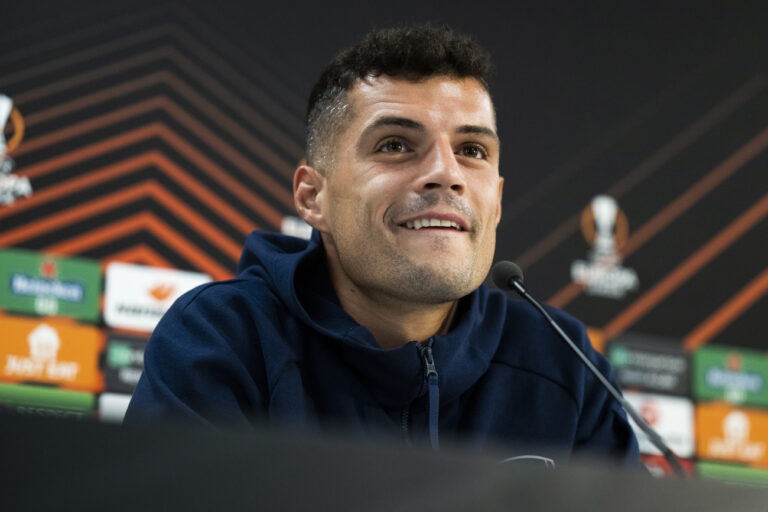 Arsenal's Granit Xhaka during a press conference one day prior to the UEFA European League Group a soccer game between Switzerland's FC Zuerich and England's Arsenal, Tuesday, September 7, 2022, at the Kybunpark stadium, in St. Gallen, Switzerland. (KEYSTONE/Gian Ehrenzeller)