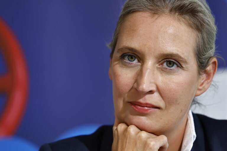 epa10169742 Alternative for Germany (AfD) right-wing political party deputy chairwoman Alice Weidel attends a news conference to present the new party campaign 'Unser Land zuerst!' (Our Country First!) campaign in Berlin, Germany, 08 September 2022. EPA/HANNIBAL HANSCHKE