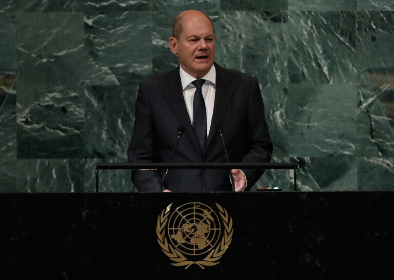 epa10196118 Chancellor of the Federal Republic of Germany, Olaf Scholz delivers his address during the 77th General Debate inside the General Assembly Hall at United Nations Headquarters in New York, New York, USA, 20 September 2022. EPA/Peter Foley