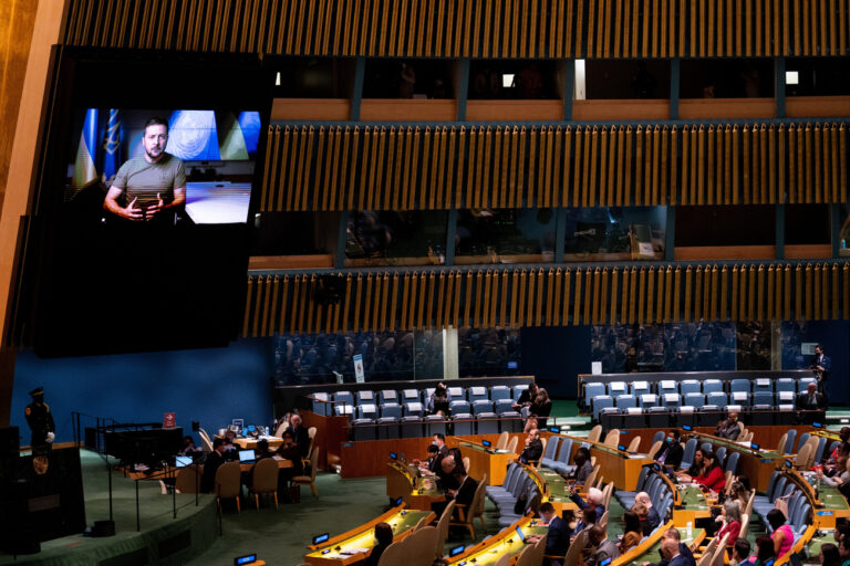 Ukrainian President Volodymyr Zelenskyy from video addresses the 77th session of the United Nations General Assembly, Wednesday, Sept. 21, 2022, at U.N. headquarters. (AP Photo/Julia Nikhinson)