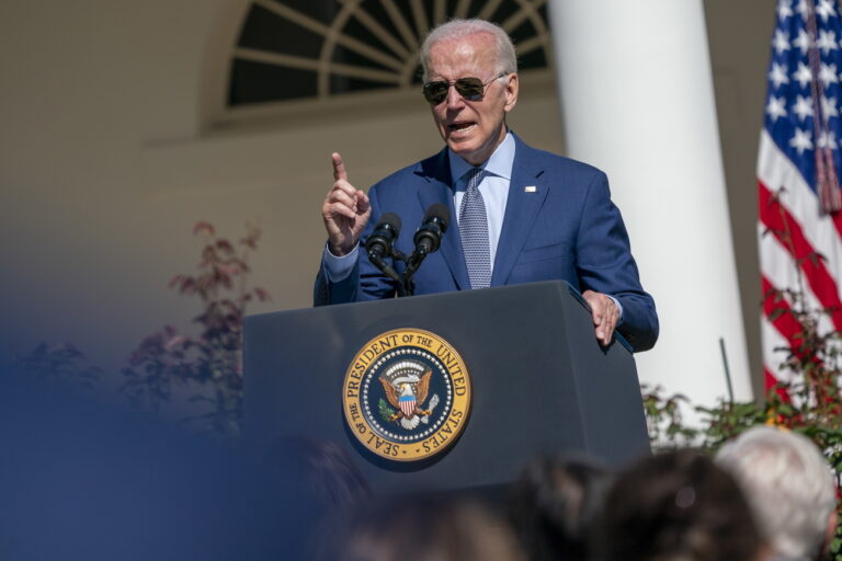 epa10211938 US President Joe Biden delivers remarks during an event to celebrate the Americans with Disabilities Act (ADA), which the President cosponsored as a Senator, and mark Disability Pride Month during an event in the Rose Garden, in Washington, DC, USA, 28 September 2022. EPA/SHAWN THEW