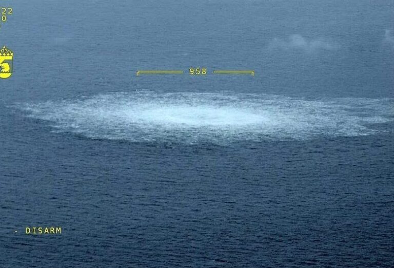 In this picture provided by Swedish Coast Guard, the gas leak in the Baltic Sea from Nord Stream photographed from the Coast Guard's aircraft on Wednesday, Sept. 27, 2022. A fourth leak on the Nord Stream pipelines has been reported off southern Sweden. Earlier, three leaks had been reported on the two underwater pipelines running from Russia to Germany. (Swedish Coast Guard via AP)
