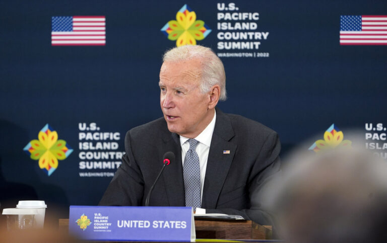 President Joe Biden speaks during the first U.S.-Pacific Island Country Summit at the State Department in Washington, Thursday, Sept. 29, 2022. Biden is hosting Pacific Island leaders for a two-day summit as the U.S. looks to counter China's military and economic influence in the region. (AP Photo/Susan Walsh)