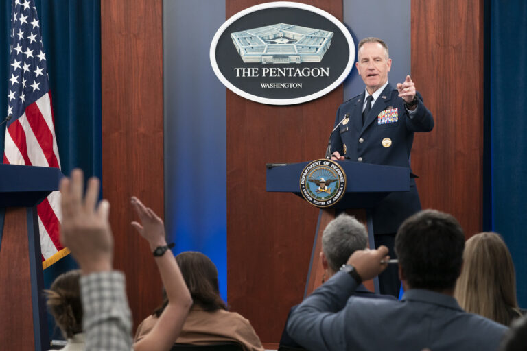 Pentagon spokesman U.S. Air Force Brig. Gen. Patrick Ryder points to a question as he speaks during a media briefing at the Pentagon, Tuesday, Oct. 4, 2022, in Washington. (AP Photo/Alex Brandon)