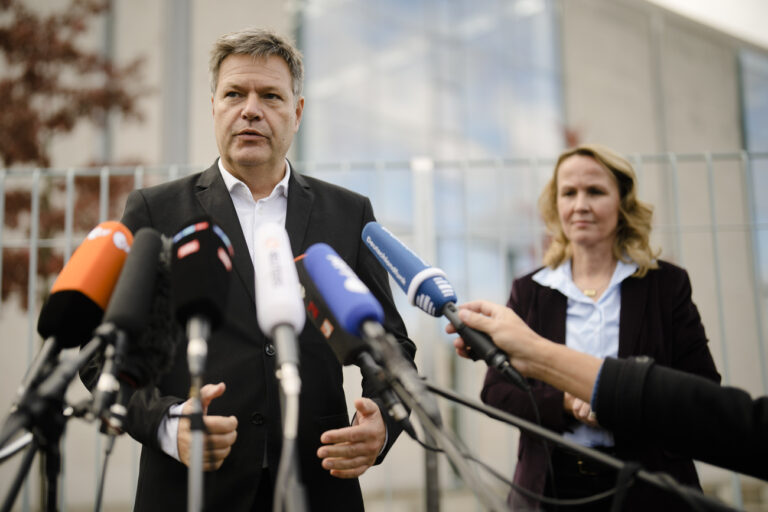 German Economy and Climate Minister Robert Habeck, left, and Steffi Lemke, right, Minister for the Environment, Nature Conservation, Nuclear Safety, and Consumer Protection, brief the media after the weekly cabinet meeting at the chancellery in Berlin, Germany, Wednesday, Oct. 19, 2022. (AP Photo/Markus Schreiber)