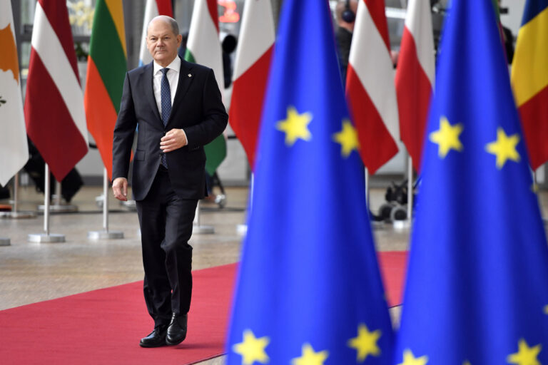 Germany's Chancellor Olaf Scholz arrives for an EU summit in Brussels, Thursday, Oct. 20, 2022. European Union leaders were heading into a two-day summit Thursday with opposing views on whether, and how, the bloc could impose a gas price cap to contain the energy crisis fueled by Russian President Vladimir Putin's invasion of Ukraine and his strategy to choke off gas supplies to the bloc at will. (AP Photo/Geert Vanden Wijngaert)