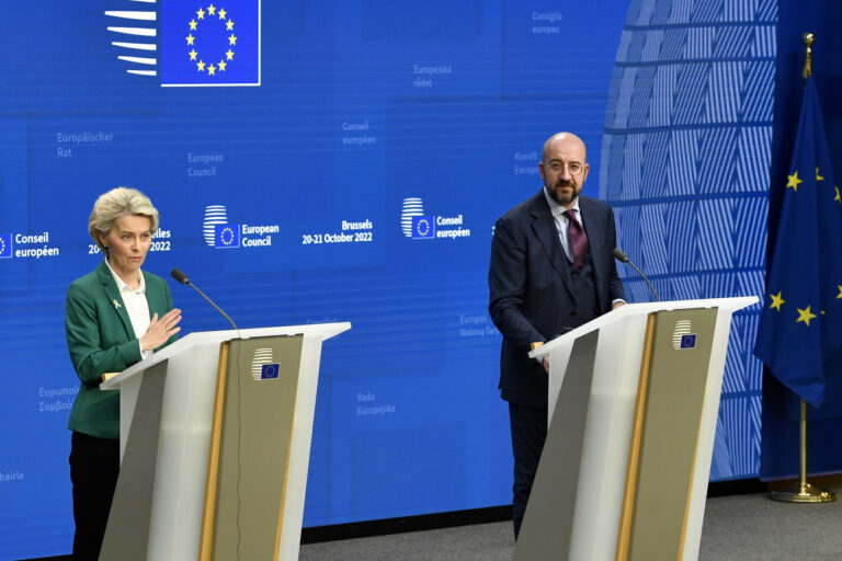 European Council President Charles Michel, right, and European Commission President Ursula von der Leyen address a media conference at an EU summit in Brussels, Friday, Oct. 21, 2022. European Union leaders gathered Friday to take stock of their support for Ukraine after President Volodymyr Zelenskyy warned that Russia is trying to spark a refugee exodus by destroying his war-ravaged country's energy infrastructure. (AP Photo/Geert Vanden Wijngaert)