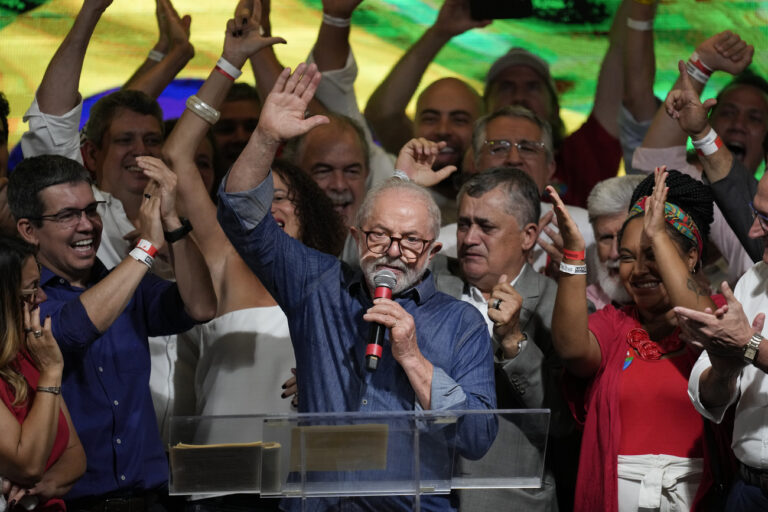 Former Brazilian President Luiz Inacio Lula da Silva celebrates defeating incumbent Jair Bolsonaro in a presidential run-off election to become the country's next president, in Sao Paulo, Brazil, Sunday, Oct. 30, 2022. (AP Photo/Andre Penner)