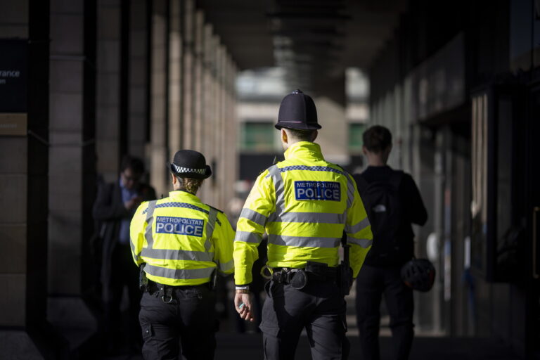 epa10281207 Police officers patrol in Westminster, London, Britain, 02 November 2022. Vetting failures led to people being employed as police officers despite having criminal records, being suspected of serious offenses, having substantial debts, or having family members linked to organized crime, according to a report released by police watchdog His Majesty's Inspectorate of Constabulary and Fire and Rescue Services for England and Wales (HMICFRS) following the murder of Sarah Everard in March 2021 by a serving police officer, Wayne Couzens. EPA/TOLGA AKMEN