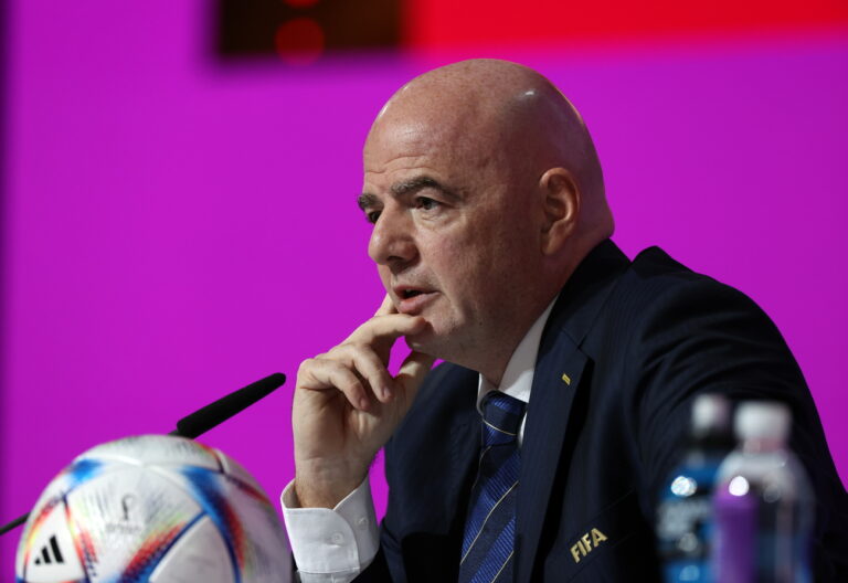 epa10313979 FIFA President Gianni Infantino addresses a press conference in Doha, Qatar, 19 November 2022. The FIFA World Cup Qatar 2022 will take place from 20 November to 18 December 2022. EPA/MOAHAMED MESSARA