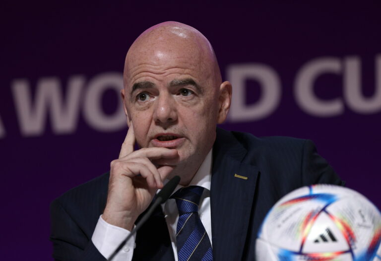 epa10313988 FIFA President Gianni Infantino addresses a press conference in Doha, Qatar, 19 November 2022. The FIFA World Cup Qatar 2022 will take place from 20 November to 18 December 2022. EPA/MOAHAMED MESSARA