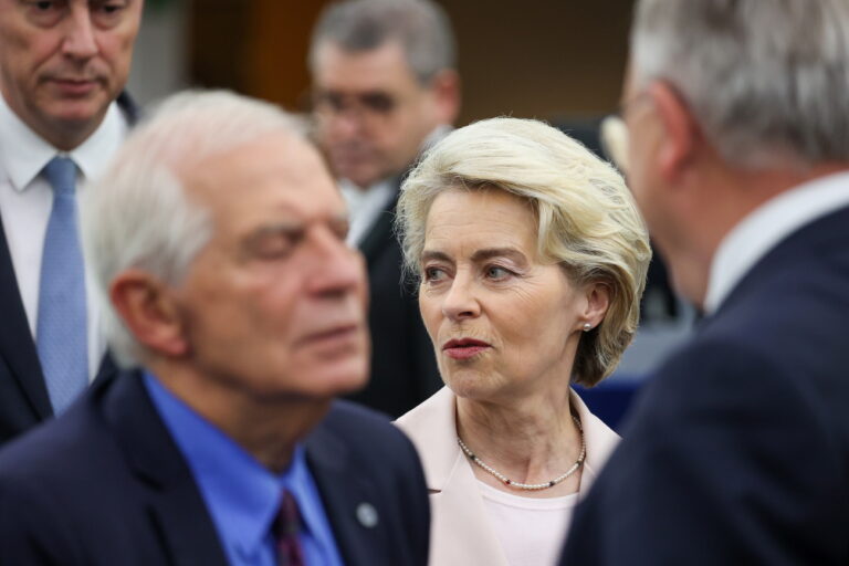 epa10320165 High Representative of the European Union for Foreign Affairs and Security Policy Josep Borrell (L) and European Commission President Ursula von der Leyen (R) during the Ceremony of the 70th anniversary of the European Parliament at the European Parliament in Strasbourg, France, 22 November 2022. EPA/JULIEN WARNAND