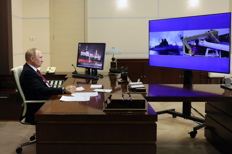 Russian President Vladimir Putin takes part in a ceremony to raise the Russian national flag on the Ural nuclear-powered icebreaker and launch of Russia's newest and largest nuclear icebreaker Yakutia, via videoconference, at the Novo-Ogaryovo state residence, outside Moscow, Tuesday, Nov. 22, 2022. (Mikhail Metzel/Pool Photo via AP)