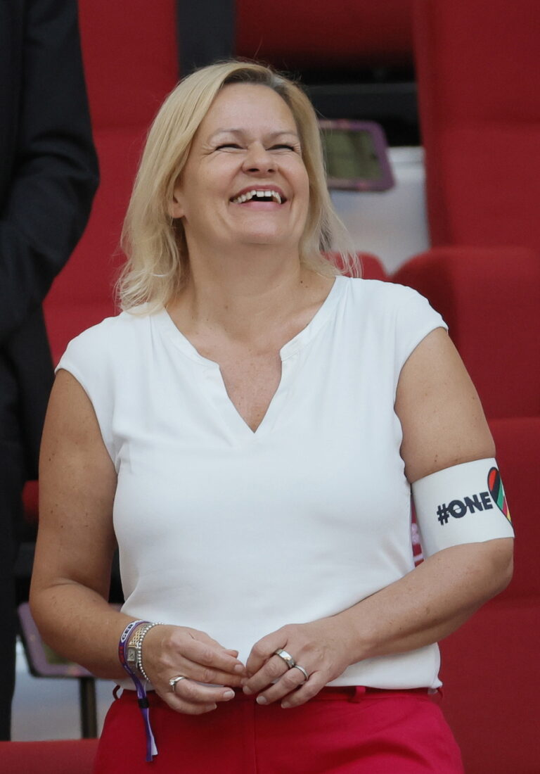 epa10322402 Germany's Sports Minister Nancy Faeser, wearing the 'One Love' armband, arrives for the FIFA World Cup 2022 group E soccer match between Germany and Japan at Khalifa International Stadium in Doha, Qatar, 23 November 2022. EPA/Ronald Wittek