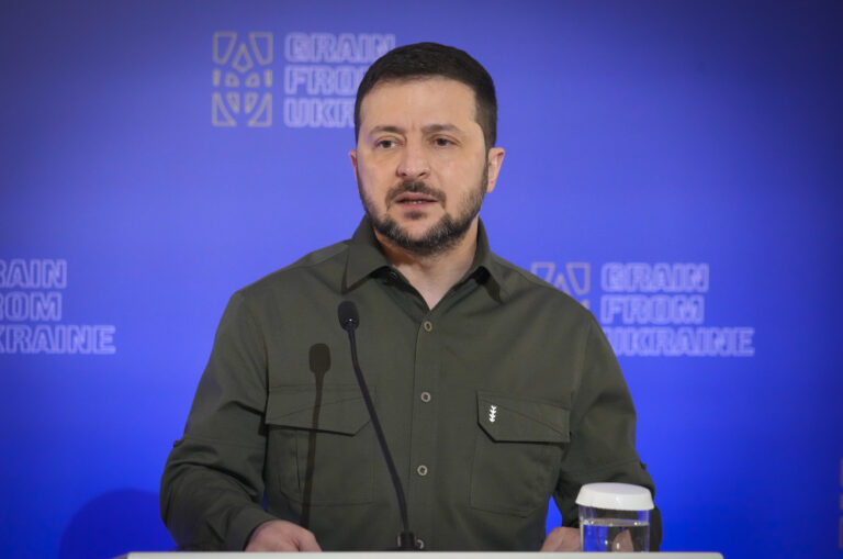 Ukrainian President Volodymyr Zelenskyy attend a news conference during 