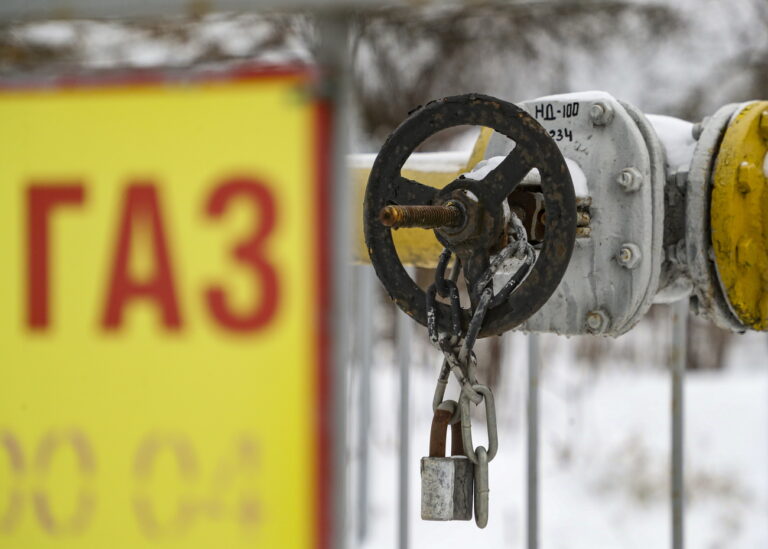 epa10334412 A sliding valve with a lock on the Russian Gazprom pipe supplying gas to residential buildings seen on a local gas supply substation with a plate read as 'GAS' in a suburb of Moscow, Russia, 28 November 2022. Gazprom decided not to reduce the supply of gas through Ukraine, as Moldova eliminated violations of payment for gas supplies in November and paid off with Russia for the fuel that settled in Ukraine. Gazprom reported that they were going to start mothballing equipment at the 'Portovaya' and 'Slavyanskaya' compressor stations, which pumped fuel into the Nord Stream pipelines. EPA/MAXIM SHIPENKOV