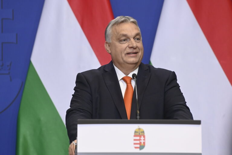 Hungarian Prime Minister Viktor Orban speaks during a yearender international press conference in the government headquarters in Budapest, Hungary, Wednesday, Dec. 21, 2022. (Szilard Koszticsak/MTI via AP)