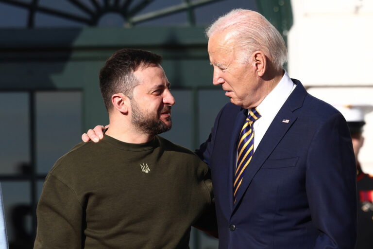 epa10375829 US President Joe Biden (R) welcomes Ukrainian President Volodymyr Zelensky (L) to the South Lawn of the White House Washington, DC, USA, 21 December 2022. In his first trip out of Ukraine since the Russian invasion began, Zelensky is visiting DC to meet with President Biden and address a joint session of Congress. EPA/JIM LO SCALZO