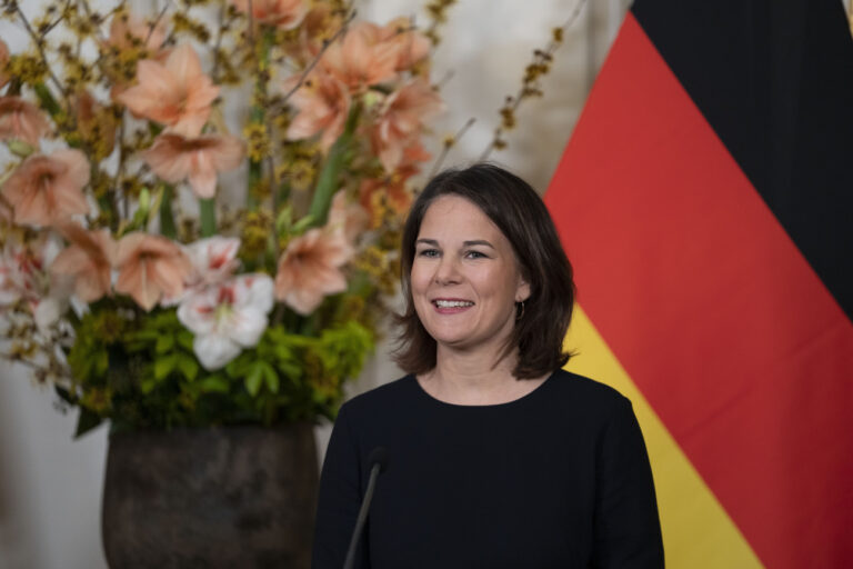 German Foreign Minister Annalena Baerbock talks during a press conference in The Hague, Netherlands, Monday, Jan. 16, 2023. (AP Photo/Peter Dejong)