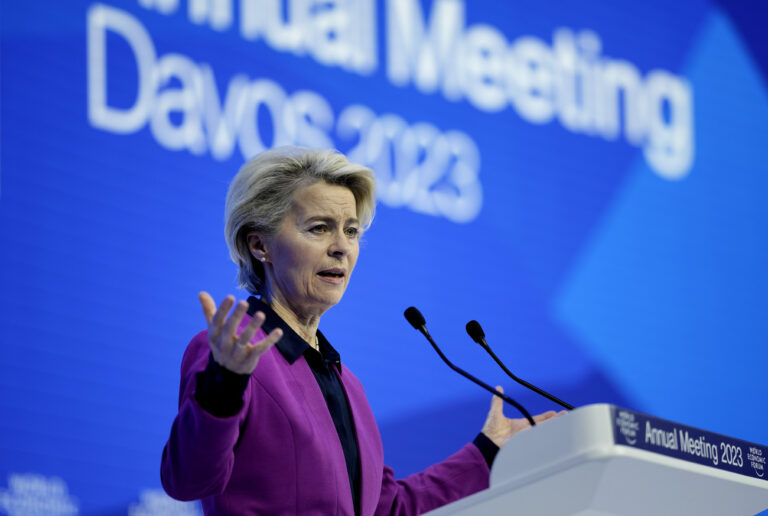 EU Commission President Ursula von der Leyen delivers a speech at the World Economic Forum in Davos, Switzerland Tuesday, Jan. 17, 2023. The annual meeting of the World Economic Forum is taking place in Davos from Jan. 16 until Jan. 20, 2023. (AP Photo/Markus Schreiber)