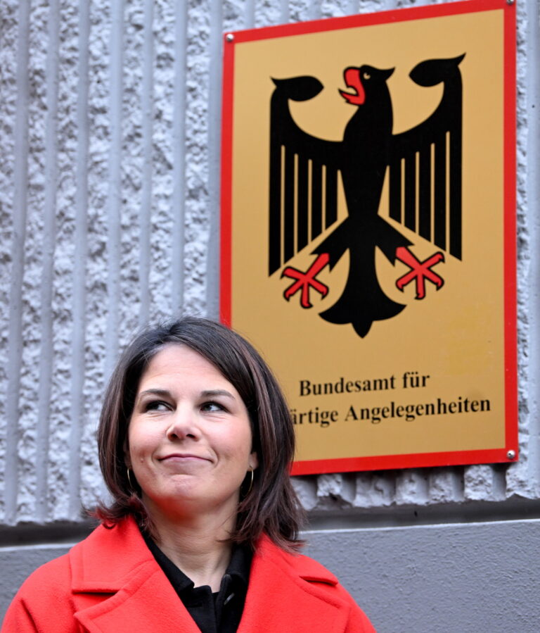 epa10410848 German Foreign Minister Annalena Baerbock poses in front of the Federal Office for Foreign Affairs (BfAA) in Brandenburg an der Havel, Germany, 17 January 2023. Olaf Scholz and and Annalena Baerbock visit the German Federal Office for Foreign Affairs to observe the processing of visa applications. EPA/FILIP SINGER