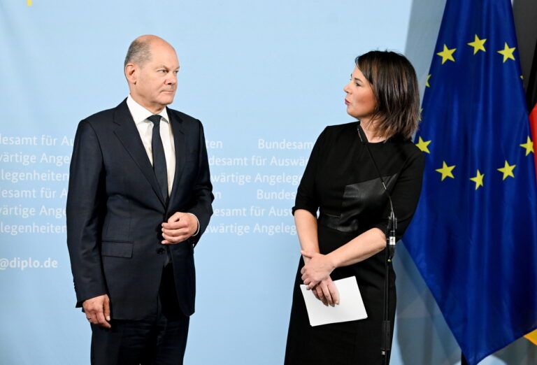epa10411041 German Foreign Minister Annalena Baerbock (R) and German Chancellor Olaf Scholz attend a press conference at the Federal Office for Foreign Affairs (BfAA) in Brandenburg an der Havel, Germany, 17 January 2023. Olaf Scholz and and Annalena Baerbock visit the German Federal Office for Foreign Affairs to observe the processing of visa applications. EPA/FILIP SINGER