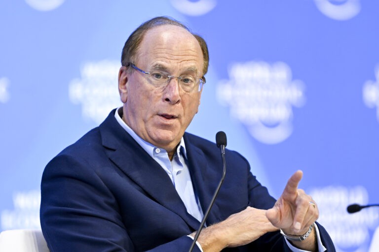 Laurence D. Fink, Chairman and Chief Executive Officer BlackRock, speaks during the 53rd annual meeting of the World Economic Forum, WEF, in Davos, Switzerland, Tuesday, January 17, 2023. The meeting brings together entrepreneurs, scientists, corporate and political leaders in Davos under the topic 
