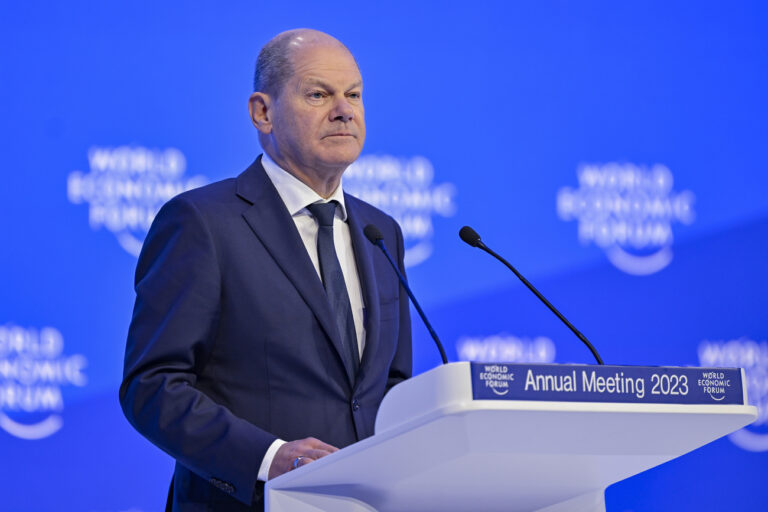Olaf Scholz, Federal Chancellor of Germany, addresses a plenary session during the 53rd annual meeting of the World Economic Forum, WEF, in Davos, Switzerland, Wednesday, January 18, 2023. The meeting brings together entrepreneurs, scientists, corporate and political leaders in Davos under the topic 