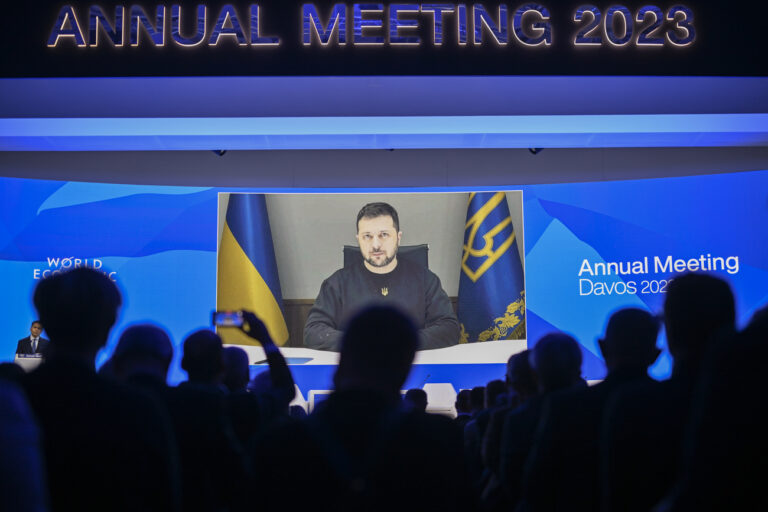 Ukrainian President Volodymyr Zelenskyy, delivers a speech by video conference during the 53rd annual meeting of the World Economic Forum, WEF, in Davos, Switzerland, Wednesday, January 18, 2023. The meeting brings together entrepreneurs, scientists, corporate and political leaders in Davos under the topic 