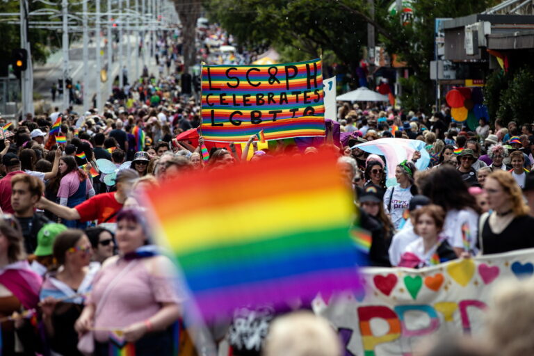 epa10448147 People are seen marching along Fitzory Street during the Midsumma Pride March in St Kilda, Melbourne, Australia, 05 February 2023. EPA/DIEGO FEDELE AUSTRALIA AND NEW ZEALAND OUT