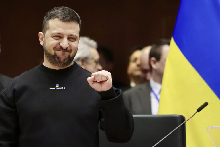 Ukraine's President Volodymyr Zelenskyy gestures during an EU summit at the European Parliament in Brussels, Belgium, Thursday, Feb. 9, 2023. On Thursday, Zelenskyy will join EU leaders at a summit in Brussels, which German Chancellor Olaf Scholz described as a 
