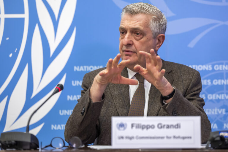 Filippo Grandi, UN High Commissioner for Refugees (UNHCR), speaks about the joint launch of the Ukraine Regional Refugee Response Plan and Ukraine Humanitarian Response Plan 2023, during a press conference at the European headquarters of the United Nations in Geneva, Switzerland, Wednesday, February 15, 2023. (KEYSTONE/Martial Trezzini)