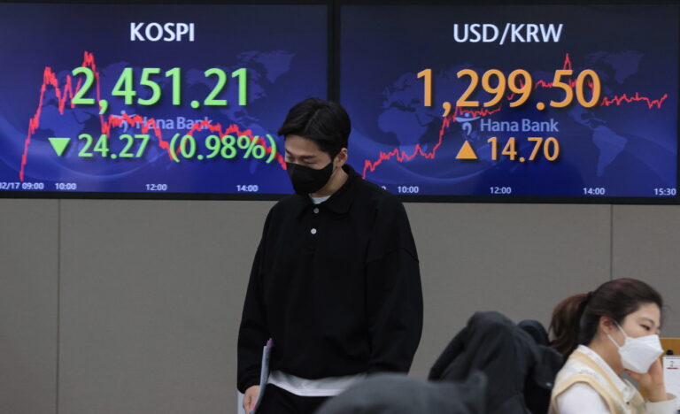 epa10472078 An electronic signboard in the dealing room of Hana Bank shows the benchmark Korea Composite Stock Price Index (KOSPI) having fallen 24.27 points, or 0.98 percent, to close at 2,451.21 points, in Seoul, 17 February 2023. Seoul shares finished lower on concerns over further rate hikes by the U.S. Federal Reserve following hotter-than-expected U.S. inflation data. EPA/YONHAP SOUTH KOREA OUT