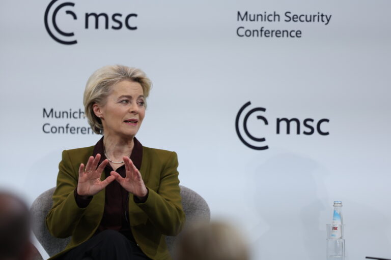 epa10474332 President of the European Commission Ursula von der Leyen attends a panel talk at the 2023 Munich Security Conference (MSC) in Munich, Germany, 18 February 2023. The Munich Security Conference brings together defence leaders and stakeholders from around the world and is taking place February 17-19. Russia's ongoing war in Ukraine is dominating the agenda. EPA/JOHANNES SIMON / POOL