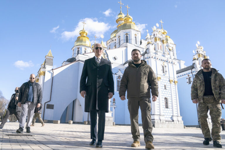 President Joe Biden walks with Ukrainian President Volodymyr Zelenskyy at St. Michael's Golden-Domed Cathedral on a surprise visit, Monday, Feb. 20, 2023, in Kyiv. (AP Photo/ Evan Vucci)
