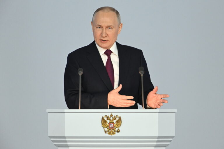 epa10481607 Russia's President Vladimir Putin delivers his annual address before the Federal Assembly at the Gostiny Dvor conference center in Moscow, Russia, 21 February 2023. 'The goal of the West is to inflict a strategic defeat on Russia, to end us once and for all. We will react accordingly, because we are talking about the existence of our country', Putin said during his state of the nation address. About 1,200 people, including lawmakers of RussiaâÄ™s two-chamber parliament, Government members, heads of the Constitutional and Supreme court, and regional governors, were invited to attend the event. EPA/PAVEL BEDNYAKOV / SPUTNIK / KREMLIN POOL MANDATORY CREDIT