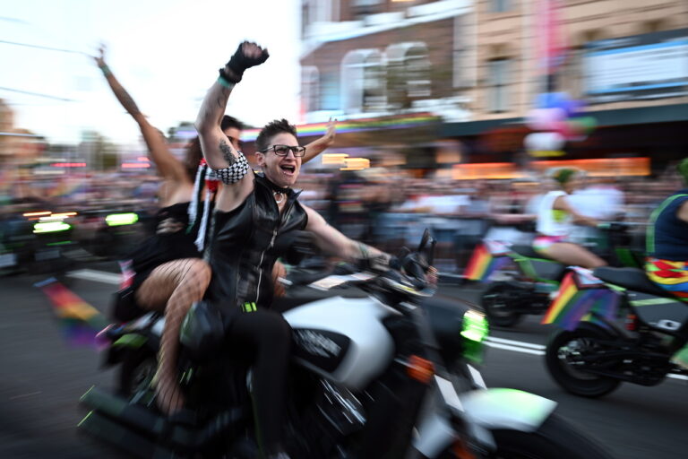 epa10489995 Members of the Dykes on Bikes motorcycle club lead the 45th annual Gay and Lesbian Mardi Gras parade on Oxford Street in Sydney, Australia, 25 February 2023. EPA/STEVEN SAPHORE AUSTRALIA AND NEW ZEALAND OUT